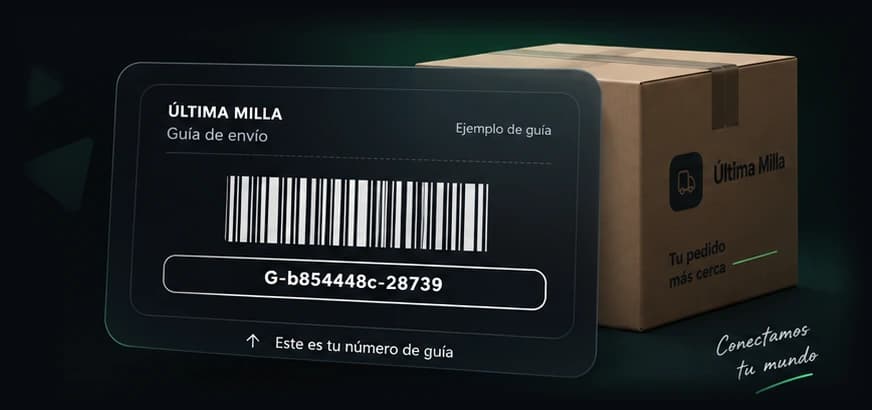 Guía de ejemplo de Última Milla con el número G-b854448c-28739 marcado, sobre una caja de envío
